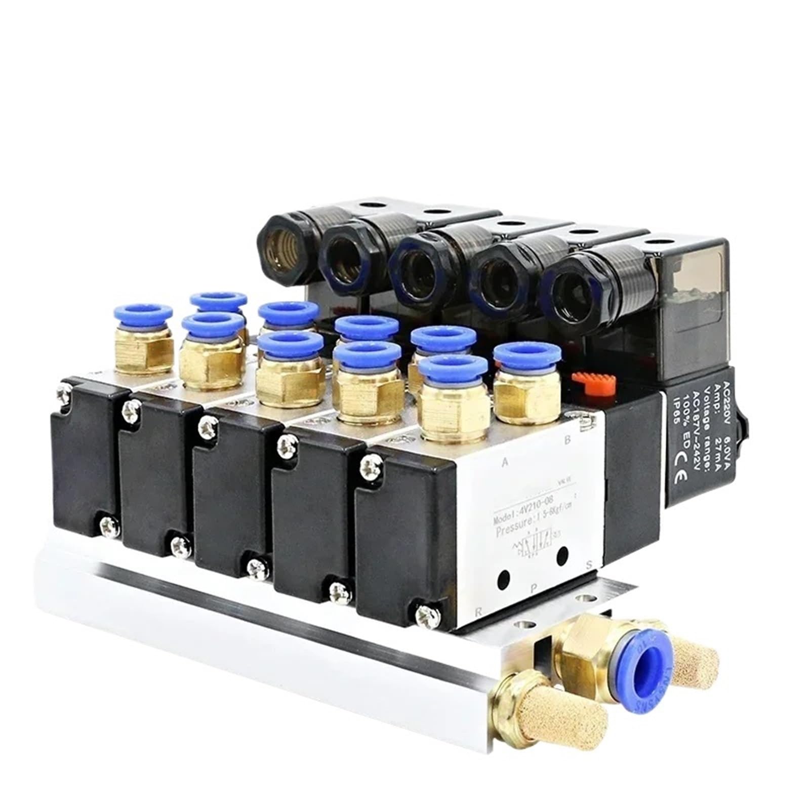 Bloque de electroválvula neumática multiusos 4V210-08 de 12/24 V CA y 110/220 V CA con silenciador y colector de base de 2/3/4/6 vías(2 Row 4mm fitting,AC220V)
