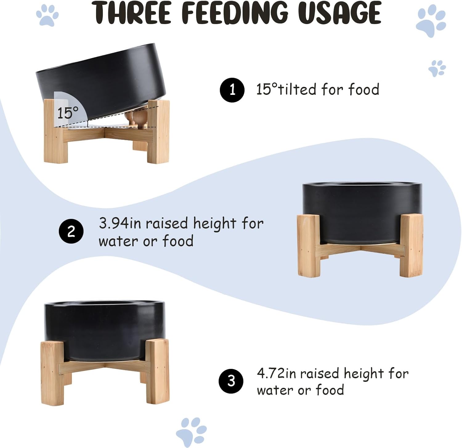 SPUNKYJUNKY 15° Slanted Ceramic Dog and Cat Bowl with Wooden Stand, Tilted Bulldog Food and Water Bowl No Slip Non-Spill for Cats Medium Dogs Big Face Pets 28.7 OZ (3.6 Cups, Black)
