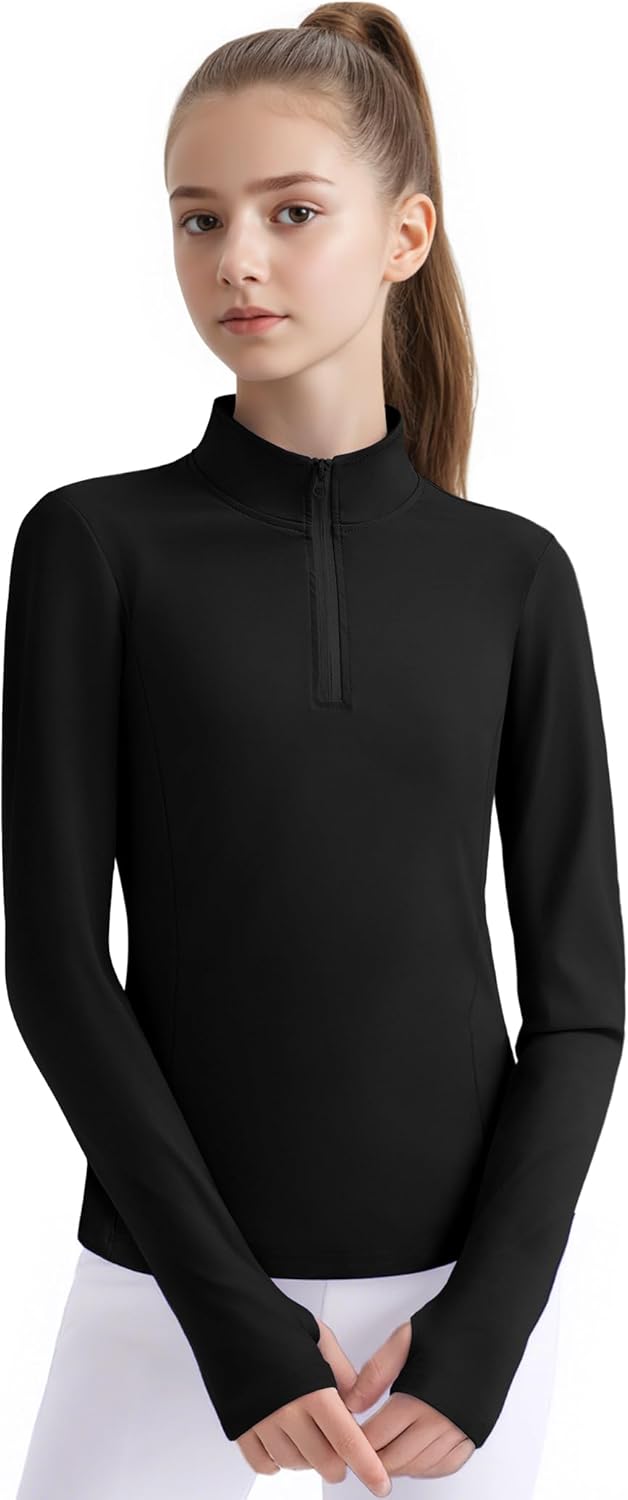 JOCMIC Girls Half Zip Athletic Jacket, Equestrian Horse Riding Long Sleeve Shirt, Kids Workout Jackets for Golf