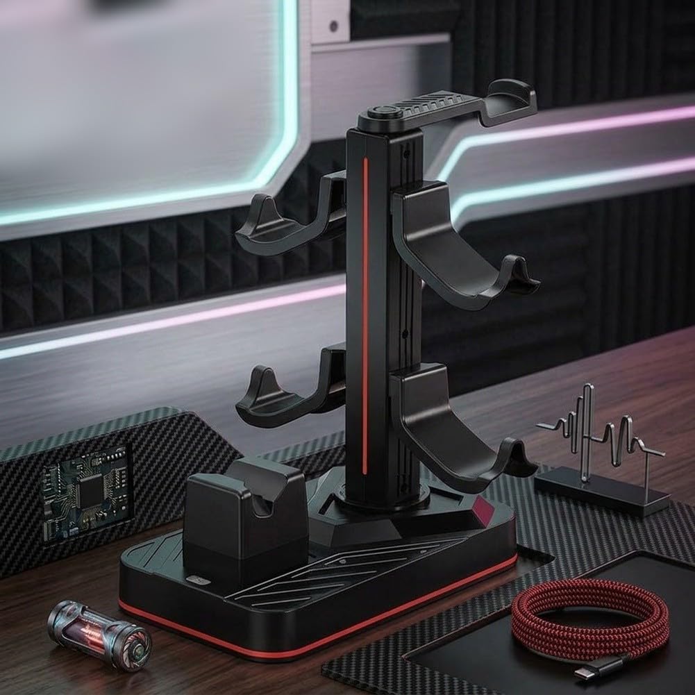Supporto per cuffie da gioco con stazione di ricarica, supporto per controller staccabile per Switch 2 Pro, 8 modalità LED, 3 porte USB, gancio per auricolari in ABS per accessori PC