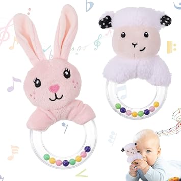 2Pcs Baby Soft Rattle Sensory Toys, Newborn Baby Rattle Stuffed Animals Hand Grip Set Early Educational Toy forToddler 0 3 6 9 12 Month Infant Boys Girls Shower Gift Pink White