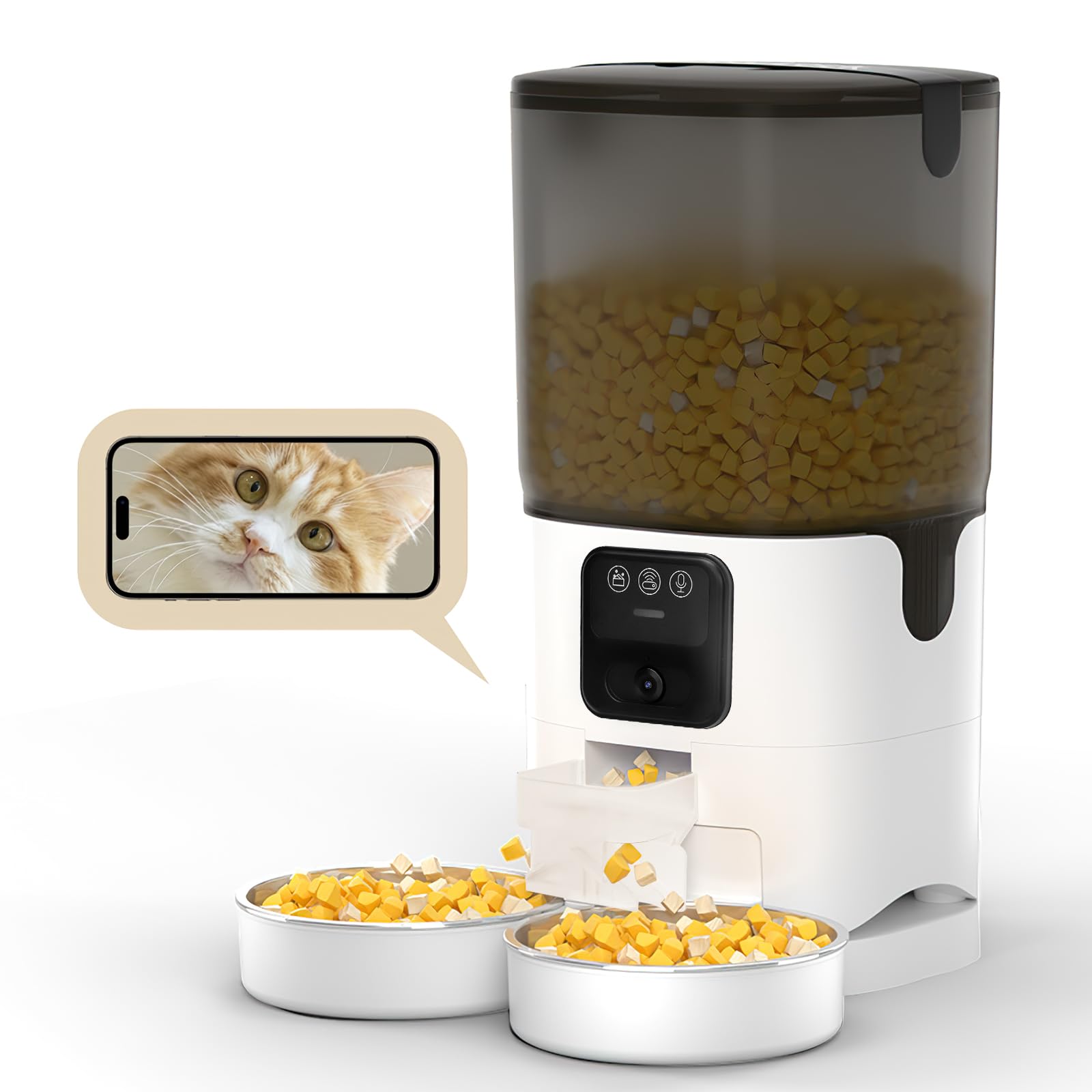 Dispensador de Alimento para Perros WiFi, Comedero Automático para Gatos con cámara, con Tazón de Acero Inoxidable,Admite voz bidireccional, control mediante aplicación y función de temporizador (7L)