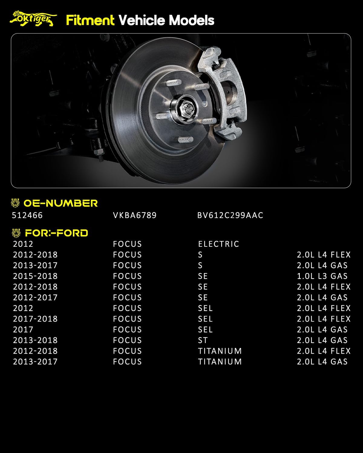 Oktiger 512466 Rear Wheel Bearing Hub Assembly with ABS & 5-Lug Compatible with Ford Focus 2012-2018 S Se Sel St Titanium Electric, Without Parking Assist, 1.0L 2.0L L3 L4, Set of 2