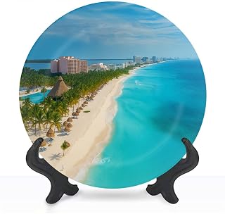 HABEN ARTWORK Decorative Ceramic Plates for Display with Stand, 8" Cancun beach boat Dinner Plate for Wall Hanging Tabletop Decor Home Housewarming Gifts