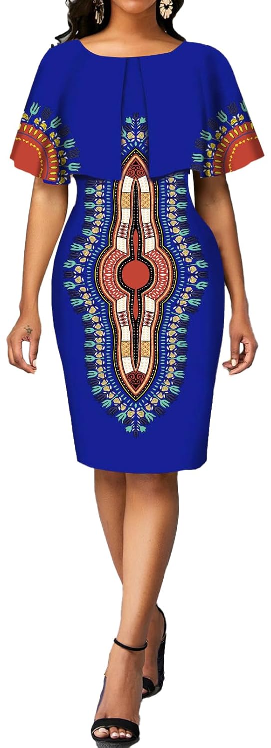 MOJICK Womens African Tribal Print Pleated Dress Patchwork Wear to Work Bodycon Dresses