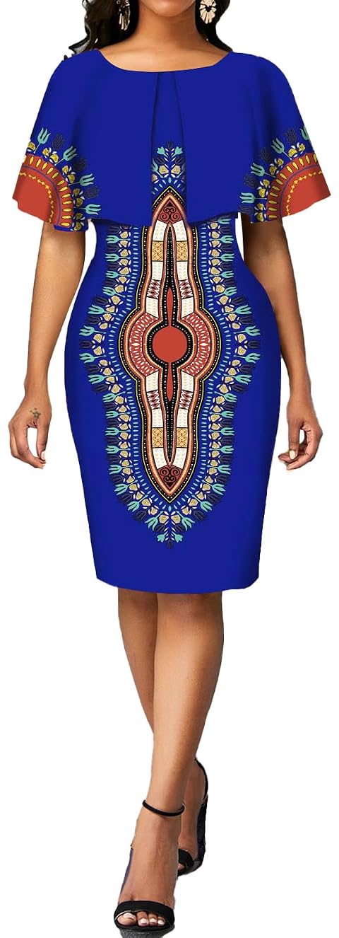 MOJICK Womens African Tribal Print Pleated Dress Patchwork Wear to Work Bodycon Dresses