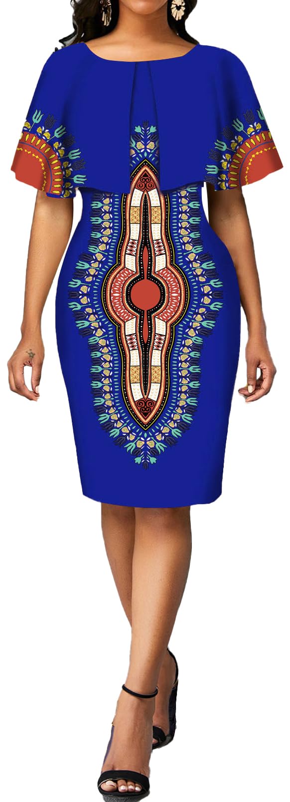 MOJICK Womens African Tribal Print Pleated Dress Patchwork Wear to Work Bodycon Dresses