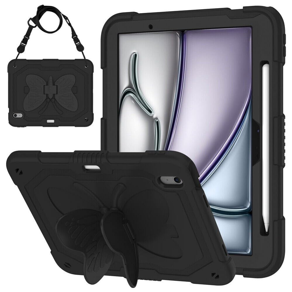 Étui compatible iPad Air 11 M4 2026 noir, coque silicone antichoc avec dos rigide et sangle pleine