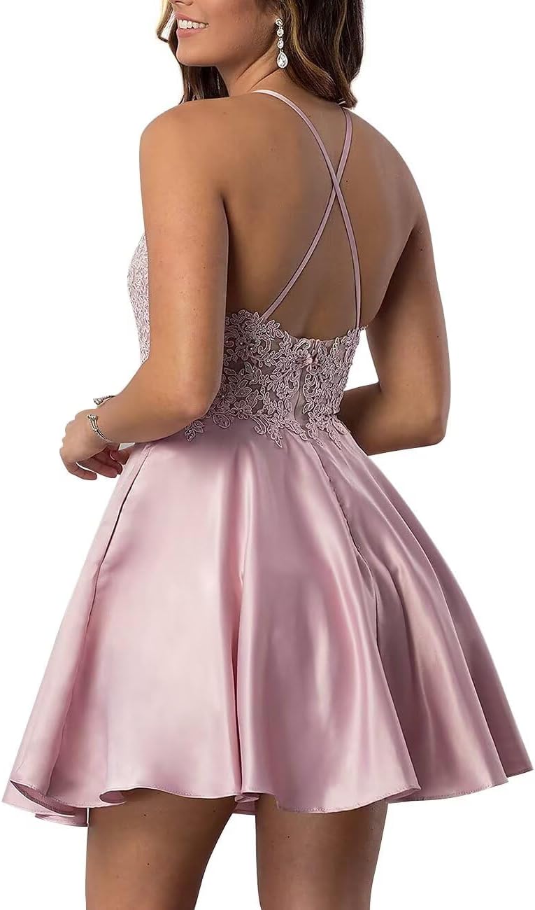 Tvuyet Lace-Applique Short Homecoming Dresses for Women with Pockets Satin Beaded Prom Cocktail Dress for Teens - Image 2