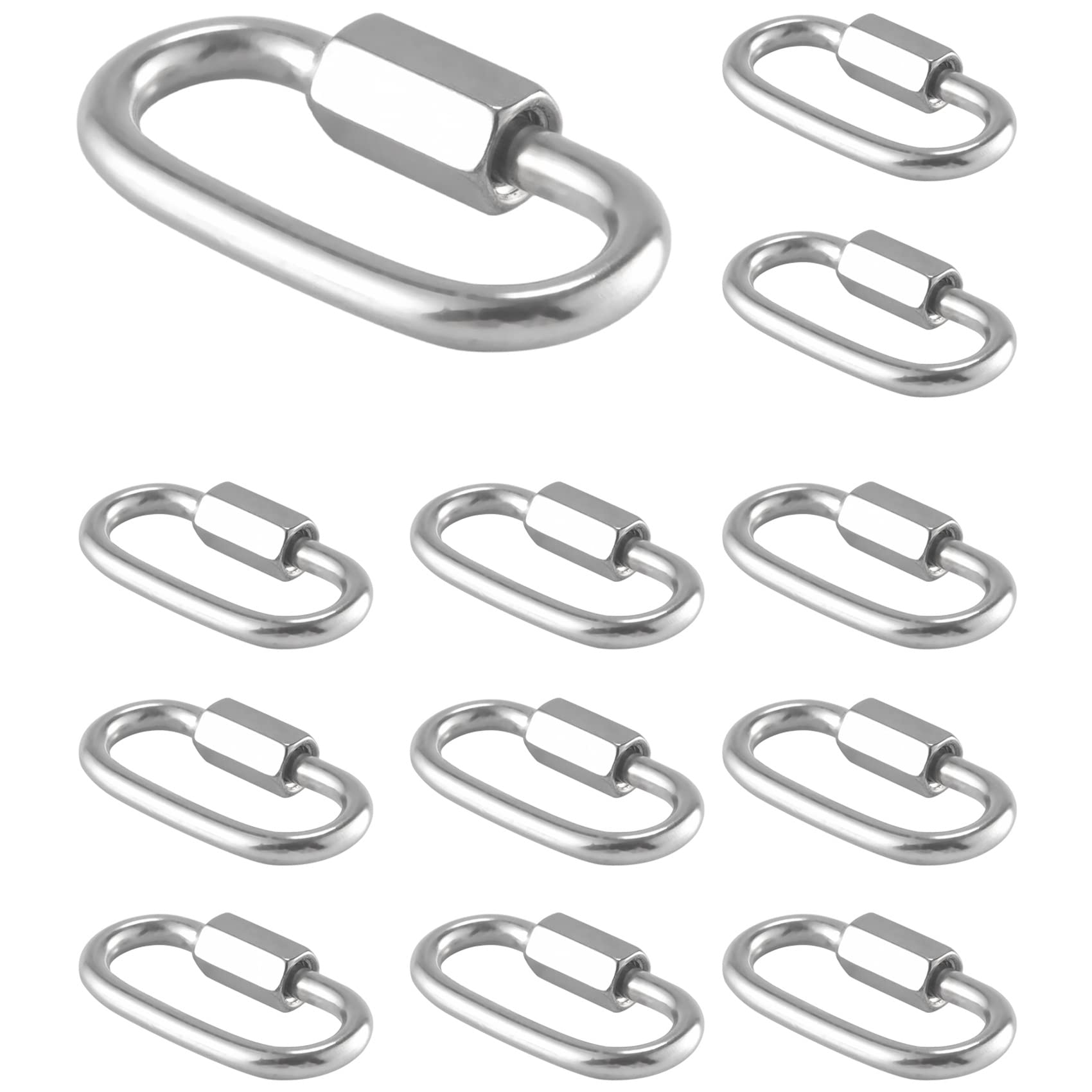 Aisuoka 12 Pcs Quick Link 4MM Stainless Steel Chain Connector,Heavy Duty D Shape Locking Looks for Carabiner, Max.Load 500 Lb