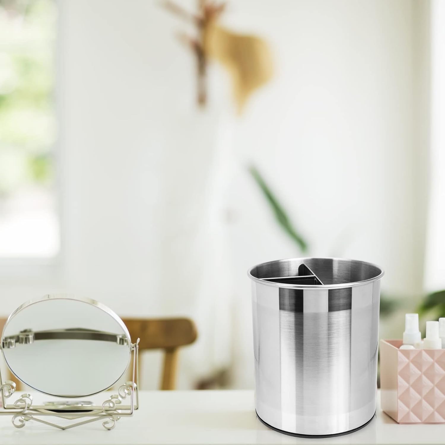 Stainless Steel Rotating Utensil Storage Bucket Dividers Kitchen Organizer for Home Supplies Easy Access Utensil Holder for Living Room and Kitchen