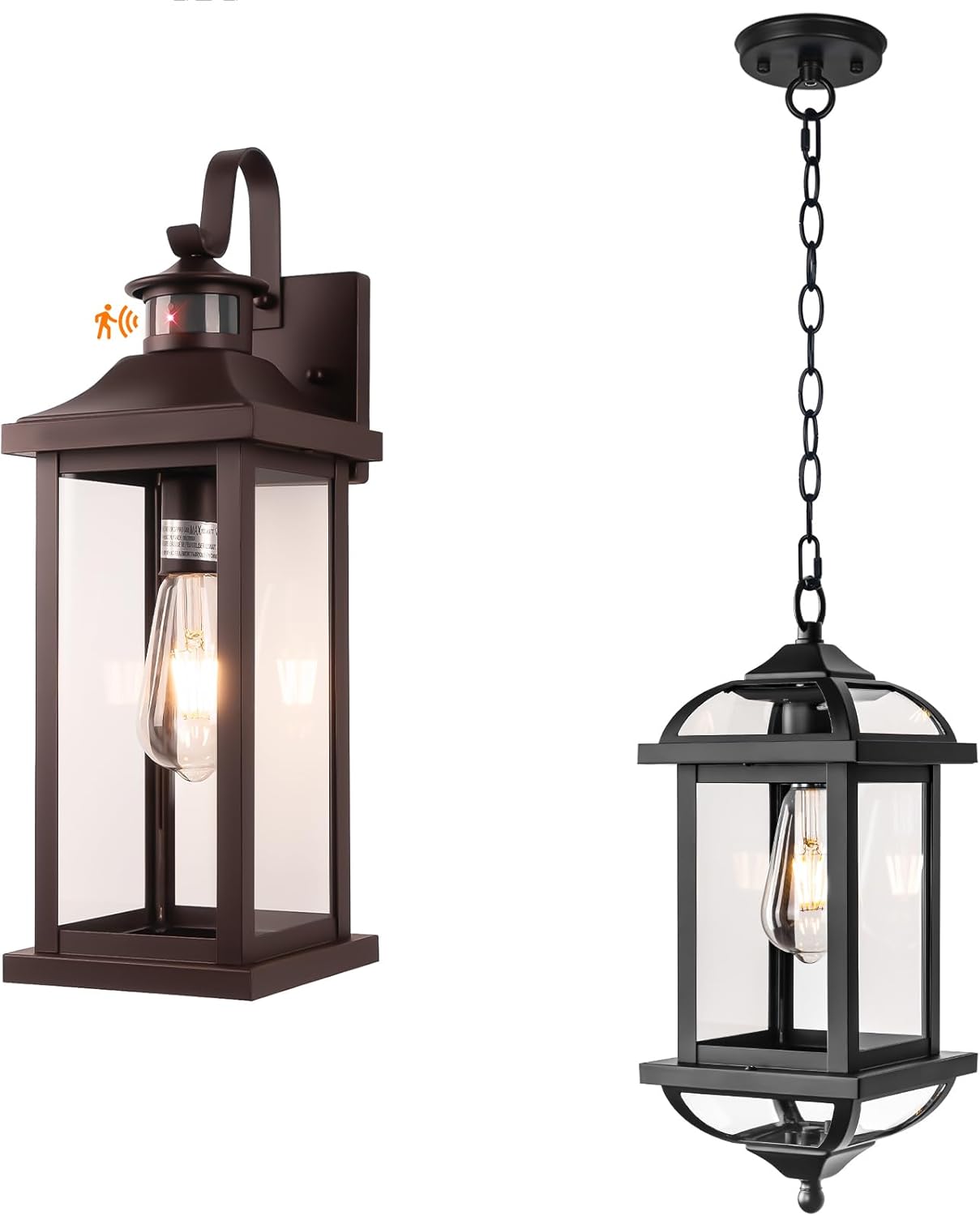 1-Pack Bronze Motion Sensor Dusk to Dawn Outdoor Lighting 18 Inch Large Plus 1-Pack Black Outdoor Pendant Light IP 65 Waterproof