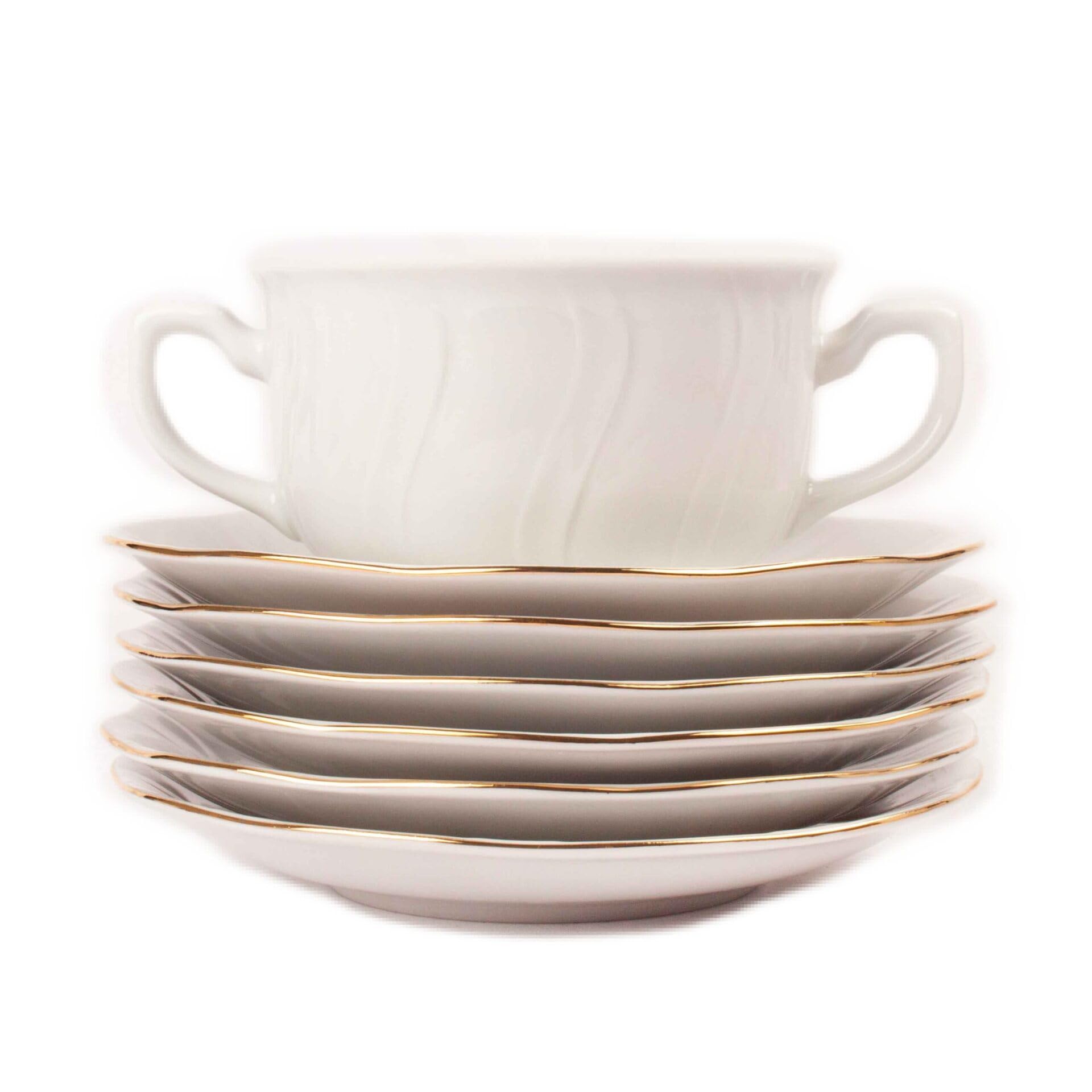 Juego de boles (24 piezas) consomé de porcelana blanca Lubeck, 12 boles consomé con asas (35 cl), 12 platillos para tazas, con filo de oro