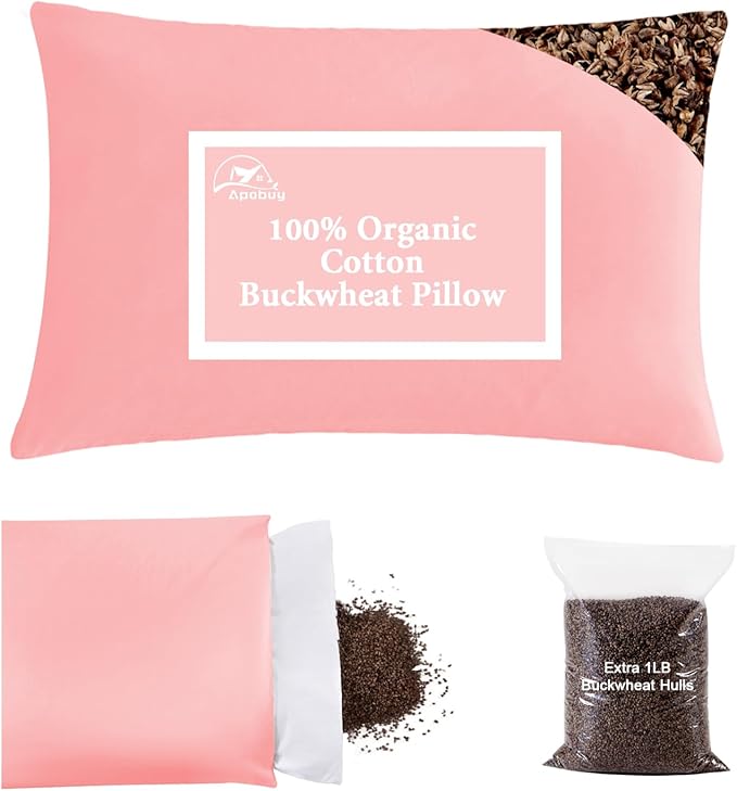Organic Buckwheat Pillow for Sleeping with Dual-Layer Pillowcase and Extra Tartary Buckwheat Hulls, Adjust Height and Firmness, Neck Support Pillow for Back and Side Sleepers 20"x26", Navy Blue