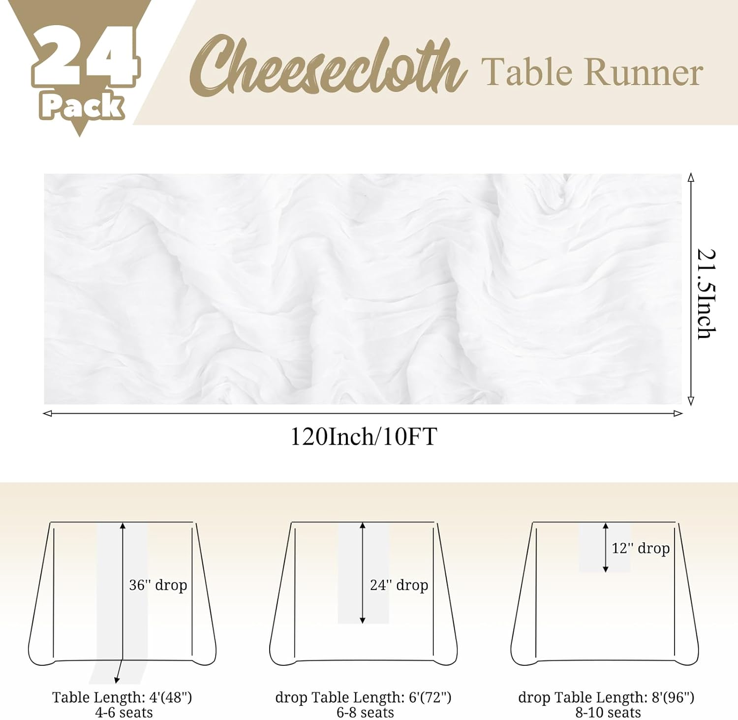 24 Pack White Table Runner 10Ft Cheesecloth Table Runner Rustic Gauze Table Runners Romantic Long Sheer Fabric Cheese Cloth Table Runners for Wedding Party Bridal Baby Shower