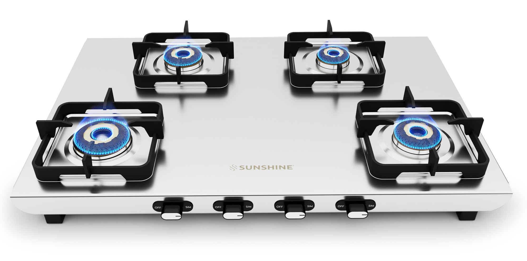 Sunshine Curvv 4 Burner | High Premium Stainless Steel Gas Stove | 2MM Stainless Steel | 5 Year Warranty On Body & Burner | Manual Ignition | LPG Ready & PNG Compatible (Classic - Silver)