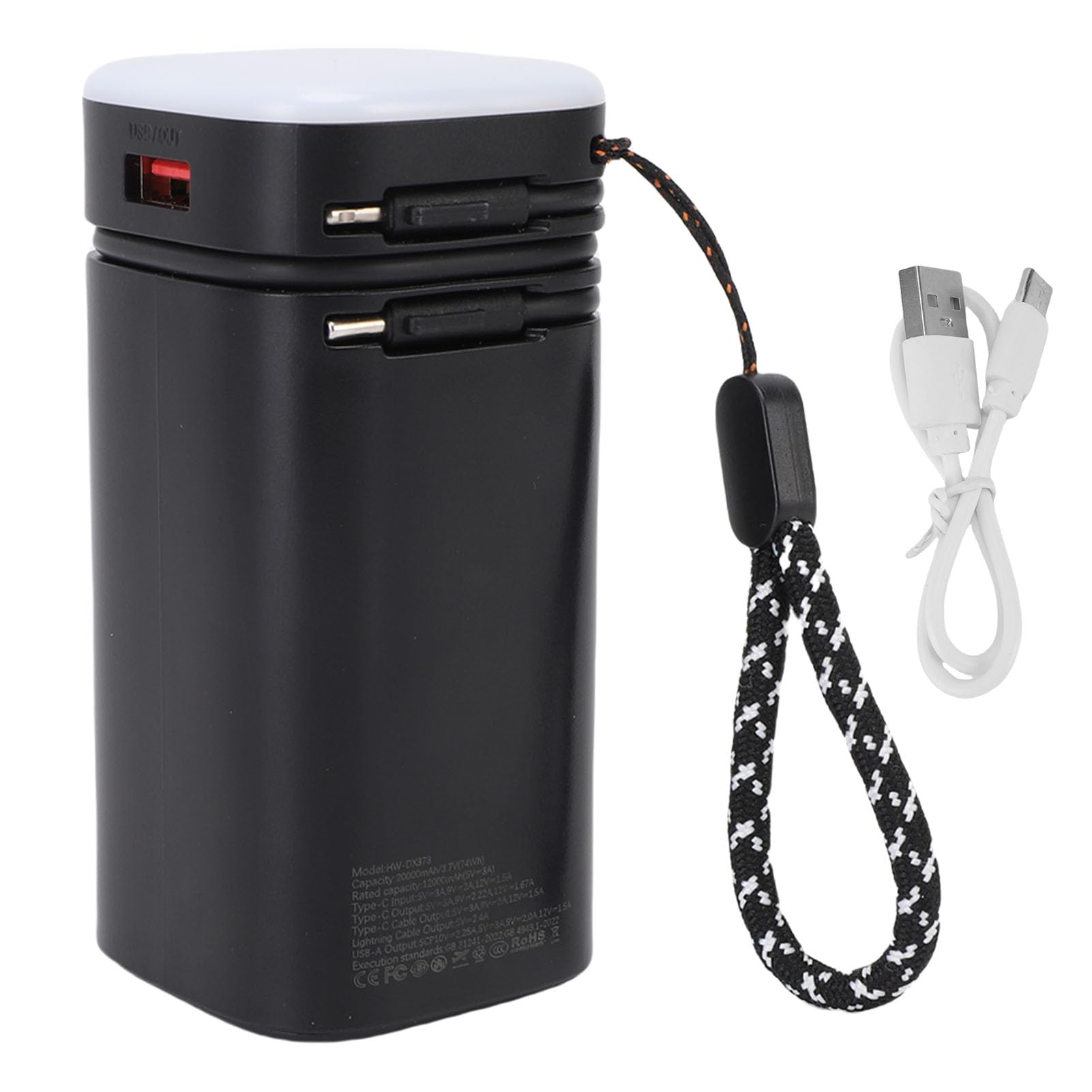 Power Bank Portatile, Stazione di Alimentazione Ad Alta capacità da 20000 MAh con Luci da Campeggio, 3 Livelli di luminosità e Cavo Integrato, 4 Uscite per Campeggio Ed Emergenza