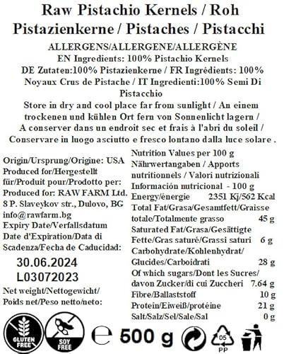 500g Rohe ganze Pistazienkerne, Geschälte Nüsse, ballaststoffreich, glutenfrei, sojafrei - Raw Farm