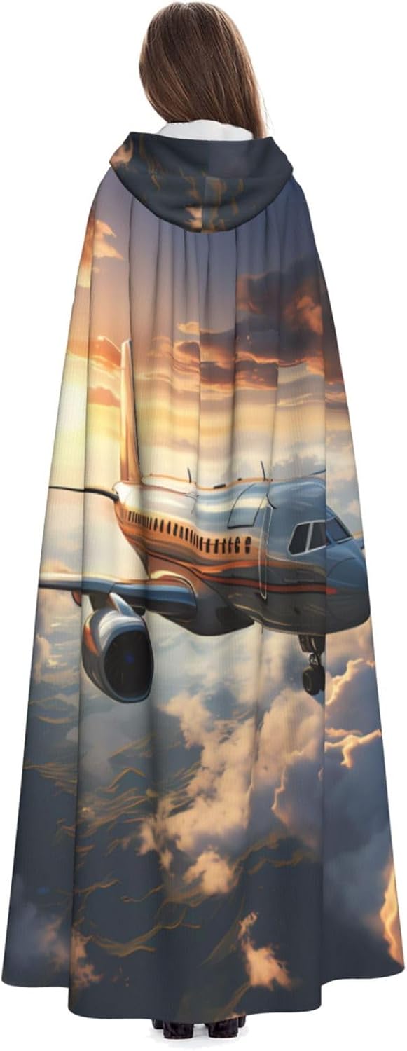 Unisex Full Length Hooded Halloween Christmas Party Robe Cloak Cape Cosplay Costume Men Women Airplanes are Soaring Prints Black