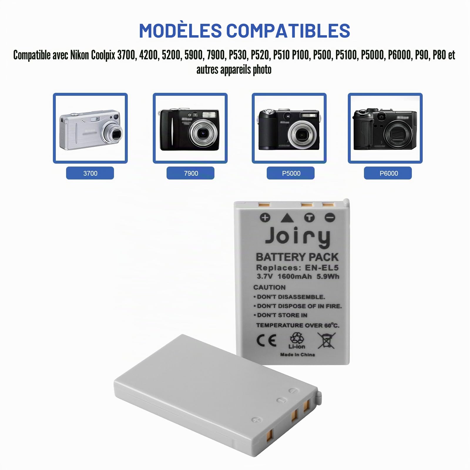 2X en-EL5 Batterie de Rechange Compatible avec Nikon Coolpix P530, P520, P510, P100, P500, P5100, P5000, P6000, P90, P80 Cameras
