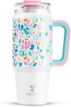 Meoky 32 oz Tumbler with Handle, Insulated Tumbler with Lid and Straw, Stainless Steel Travel Mug, Keeps Cold for 24 Hours, 100% Leak Proof, Fits in Car Cup Holder Leopard