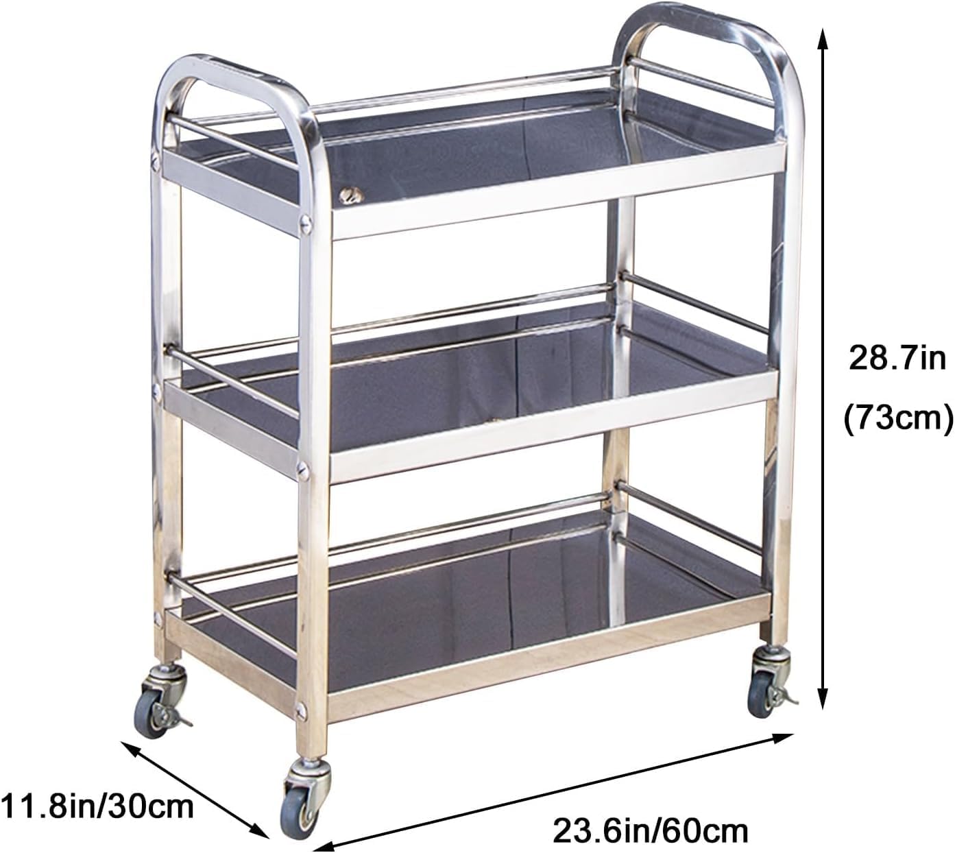 Aetherion 3 Tier Stainless Steel Utility Cart, Rolling Serving Cart, Mobile Bar Storage Cart with Swivel Casters and Safety Guardrail, for Salon, Clinic, Home Bar, Kitchen, Hotel and Party Silver