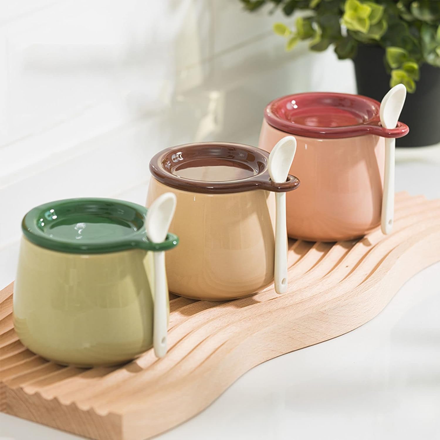 Sugar bowlMacaron Color Sugar Bowl with Lid and Spoon Ceramic Sugar Pot with Cover Hole230ml/8oz Porcelain Spice Jar Salt Pot Seasoning Canister-Pink-230ml,Green