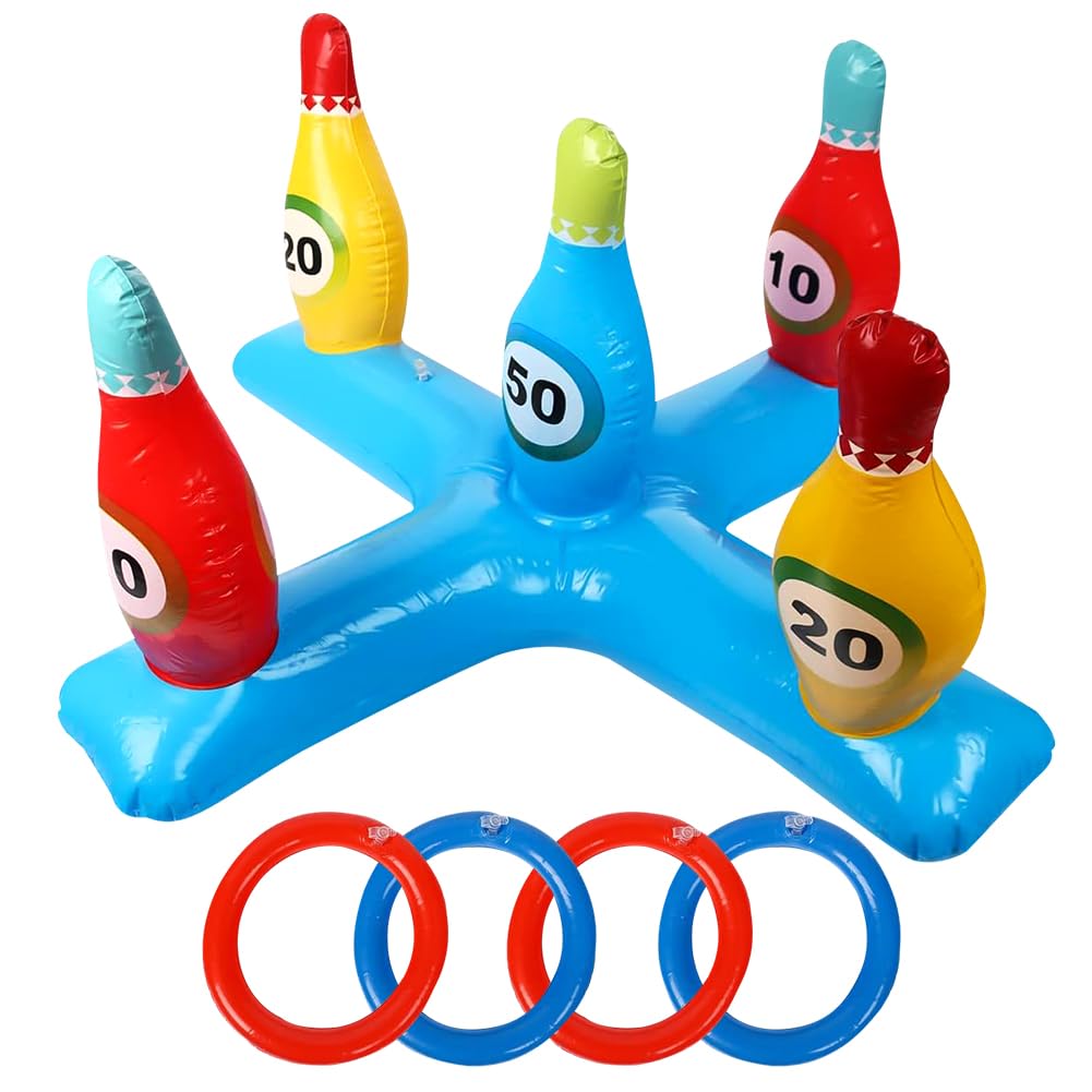 HATFRYF Inflatable Bowling Cross Ring, Pool Ring Toss Toy for Kids and Adults, Inflatable Swimming Pool Game Toys, Toss Game Set with 4 Rings Summer Gift for Hawaii Party Decor Swimming Pool