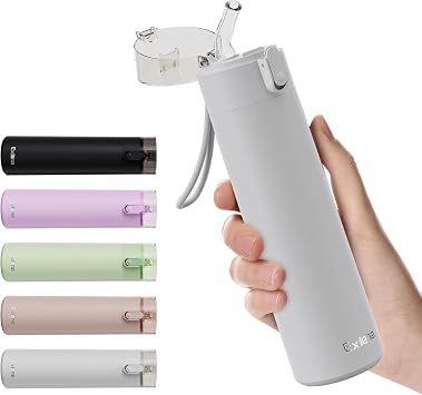 Exllena Small Drinking Bottle 270 ml with Stainless Steel Straw One-Handed Operation 100% Leak-Proof Ultra Compact Ideal for Outdoor Office & Travel Light Grey