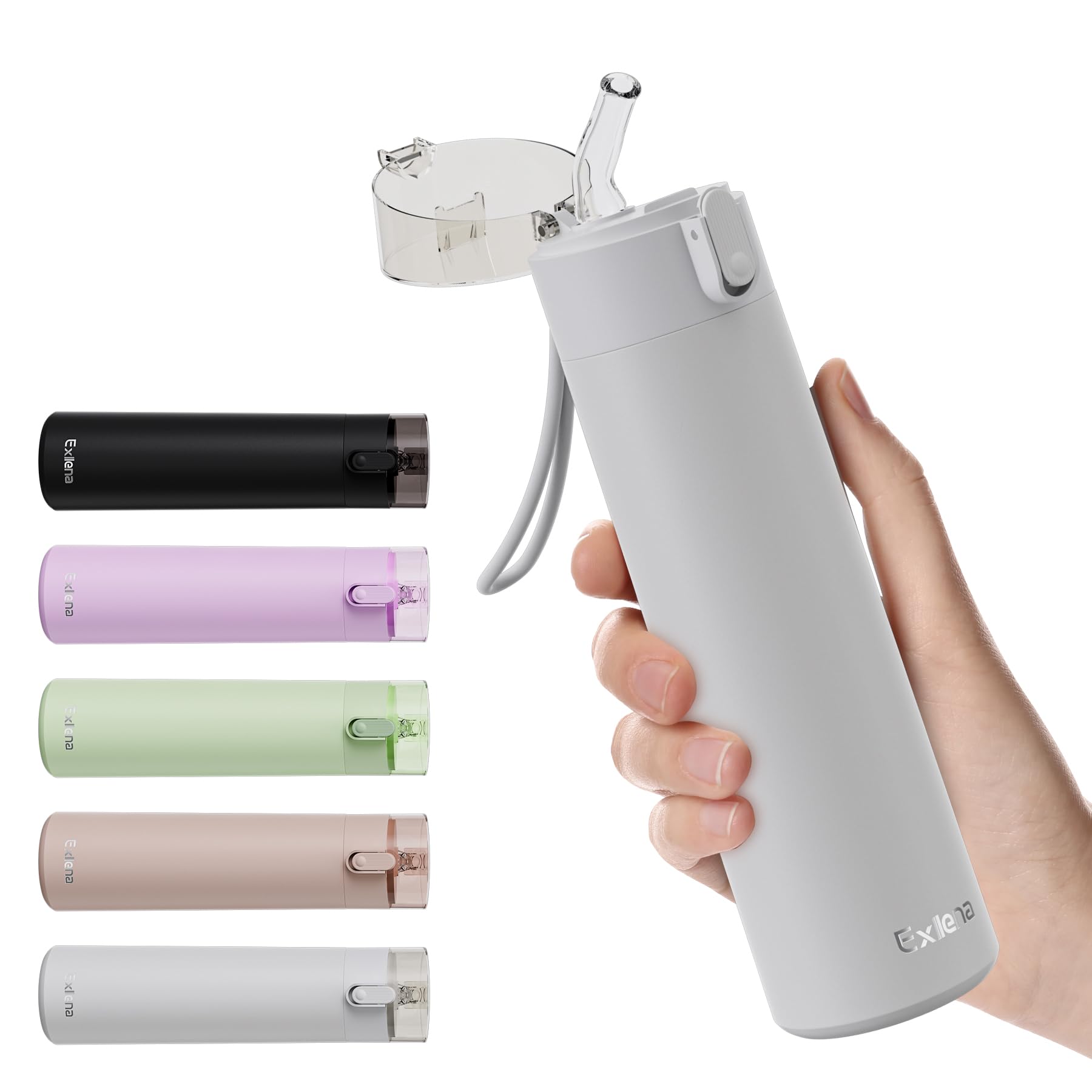 Exllena Small Water Bottle 270ml with Straw – Small Flask with One-Hand Open Design, Leak-Proof Locking Lid, 4-6 Hours Hot/Cold Retention and Portable for Coffee, Milk, or Any Beverage (Light Grey)