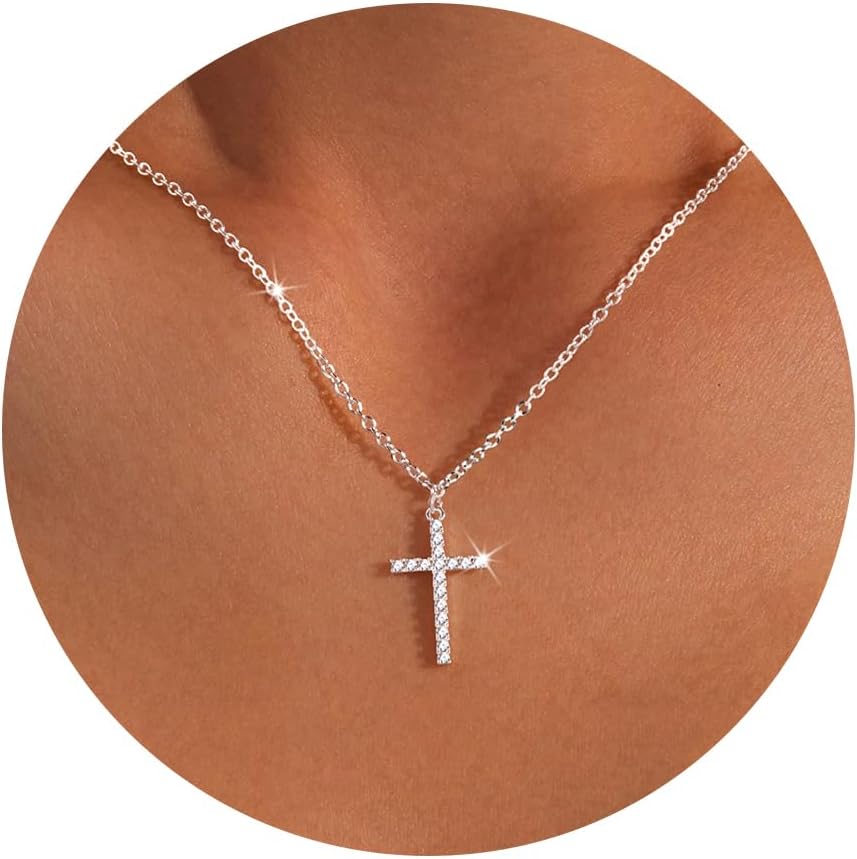 Easter Basket Stuffer Cross Necklace for Women Girls, Dainty 14K Gold Silver Plated Cross Choker Jewelry Non Tarnish Waterproof Cute Simple Small Necklace Christian Baptism Religious Faith Jewelry Gifts