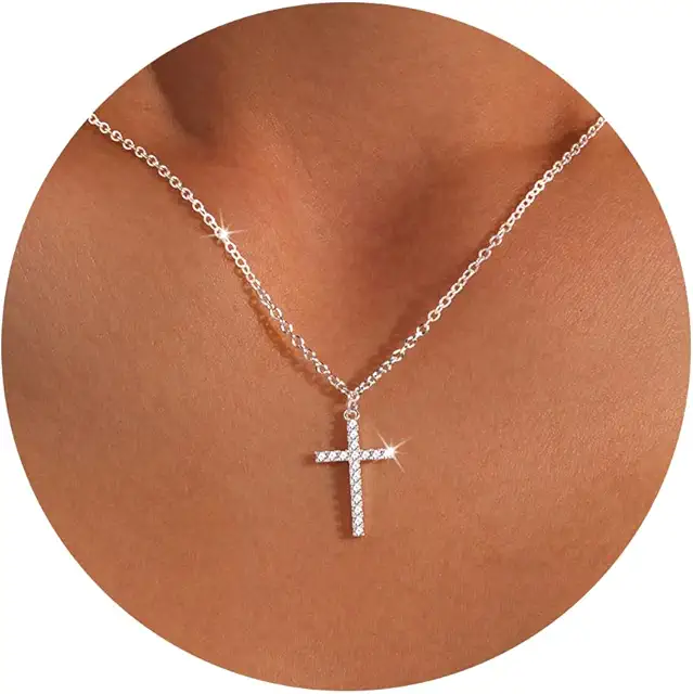 Women's 14K Gold-Plated Diamond Cross Necklace with Pendant