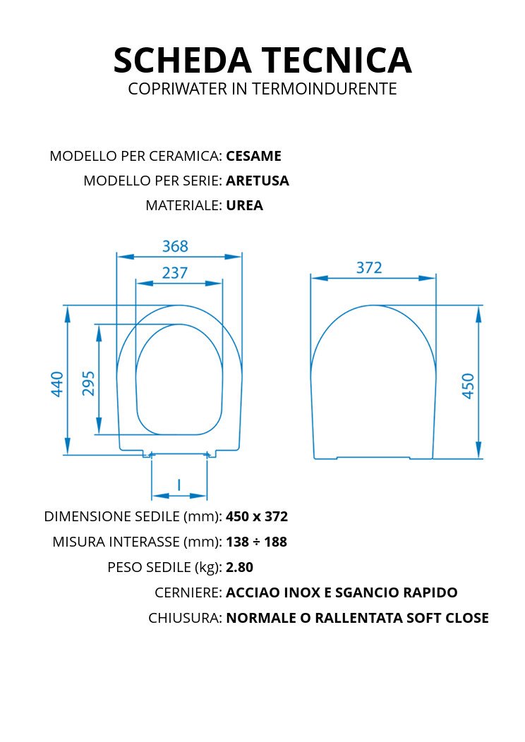 Copriwater per CESAME ARETUSA TERMOINDURENTE BIANCO cerniera inox normale o rallentata soft close