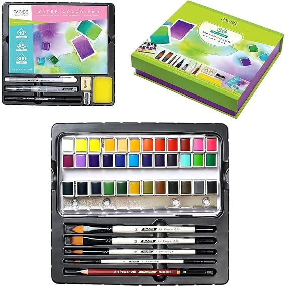 PAGOS Watercolor set, professional 36 fixed pigment dyeing boxes, high pigmentation, 12 watercolor papers for artists, students, adults
