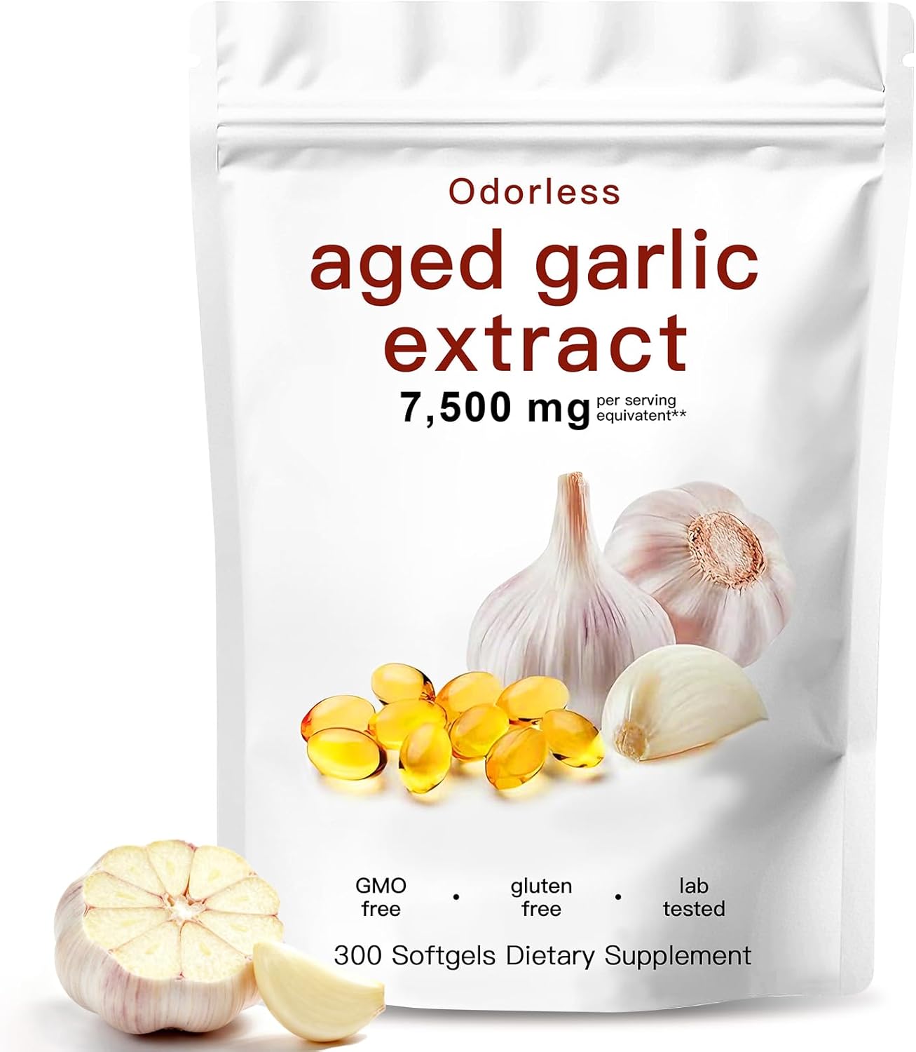 Aged Garlic Extract-300 Count 7500mg Odorless Organic Garlic Capsules Supplement for Heart & Immune Support – Vegetarian, Non-GMO, All-Natural Softgels, 2-Year Matured for Antioxidant Wellness