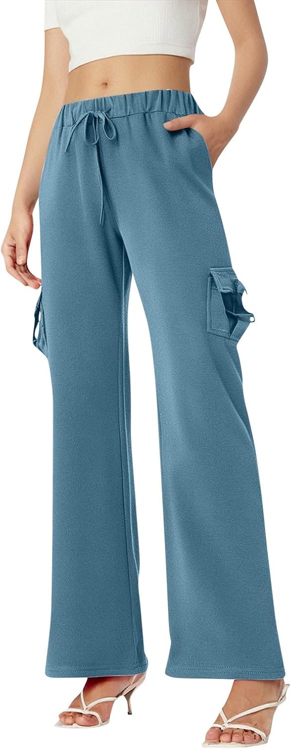 Wide Leg Cargo Pants Women Baggy Elastic Waist Flare Yoga Pants with Pockets Casual Comfy Stretchy Flared Leggings