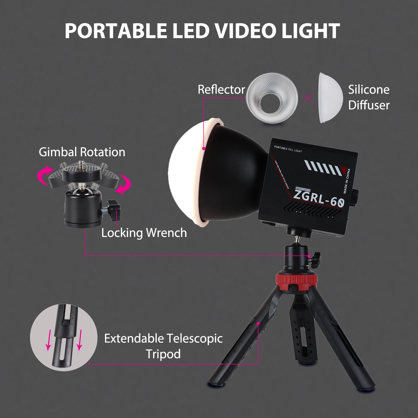 Luce video portatile COB LED da 60 W con batteria da 8000 mAh Dual Color Photography Lighting Spotlight per studio, streaming, video telefonico, 2800K-6500K, 8 effetti di illuminazione, CRI ≥95