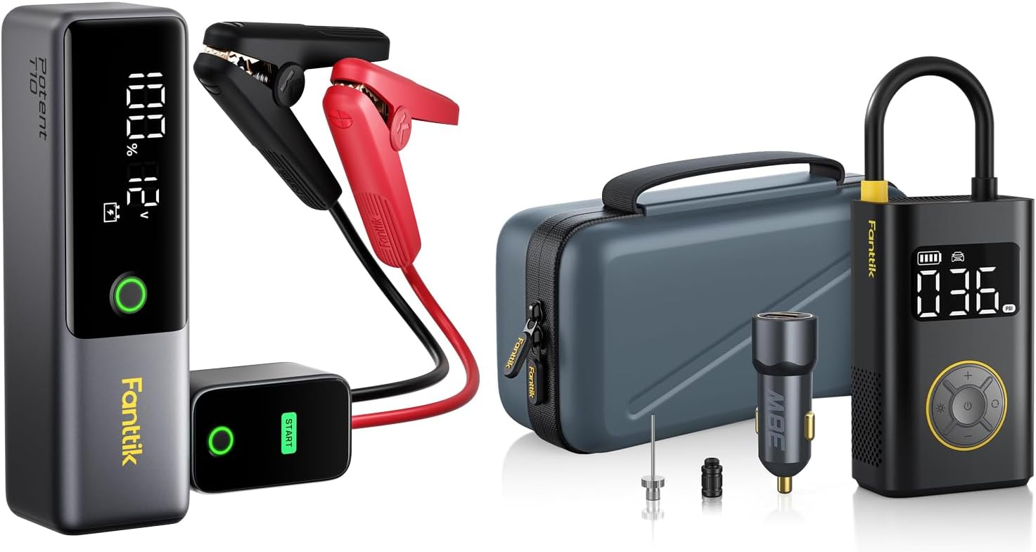 Fanttik Potent T10 1800A Portable Jump Starter and X9 Pro Portable Tire Inflator for Compact Car Deluxe Package
