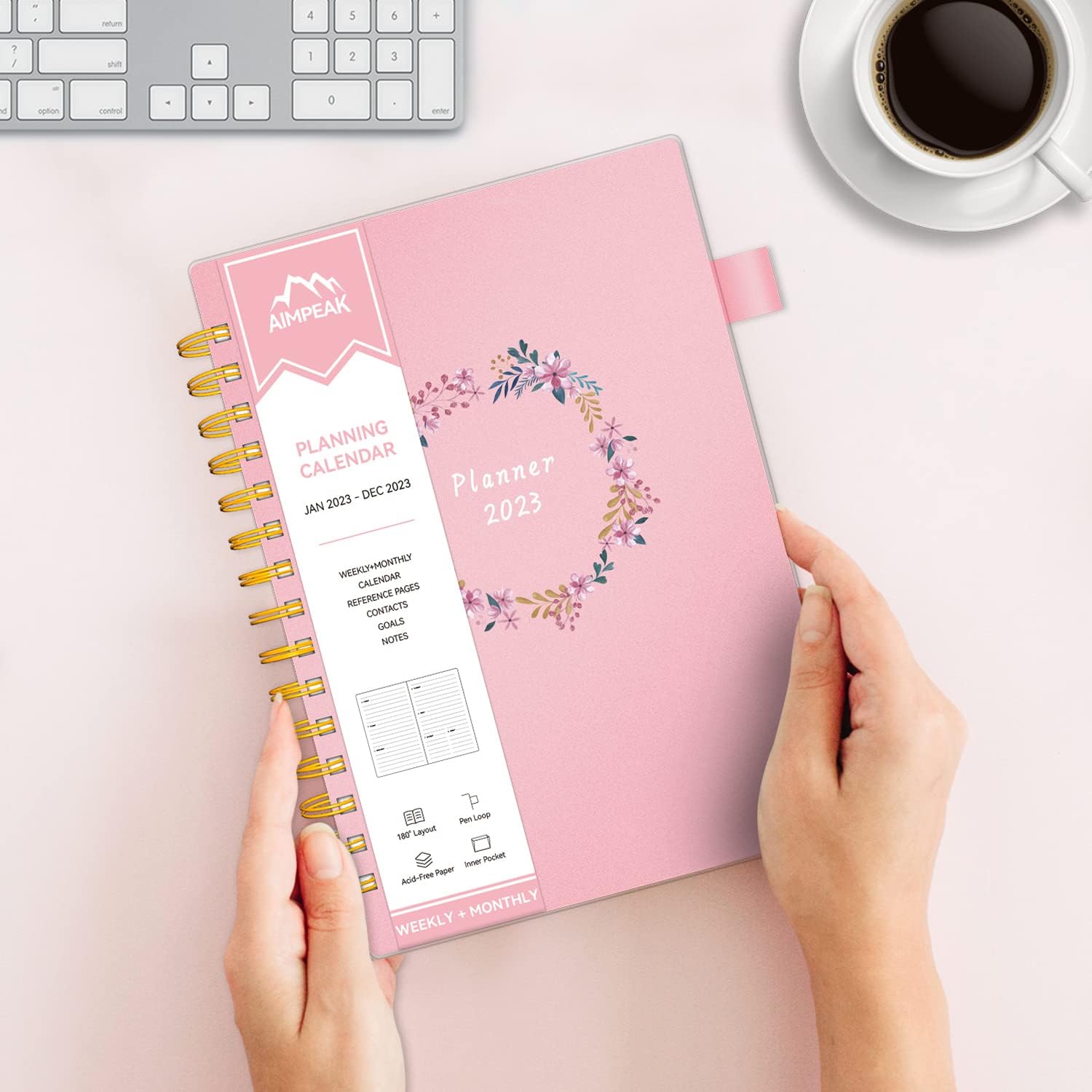 2023 Weekly & Monthly Planner, Jan. 2023 - Dec. 2023, AIMPEAK Planner 2023, Monthly Tabs, Inner Pocket, Pen Loop, PVC Waterproof Cover, Notes Pages, Spiral Binding, 138Pages, Pink Garland(7"x10") : Office Products