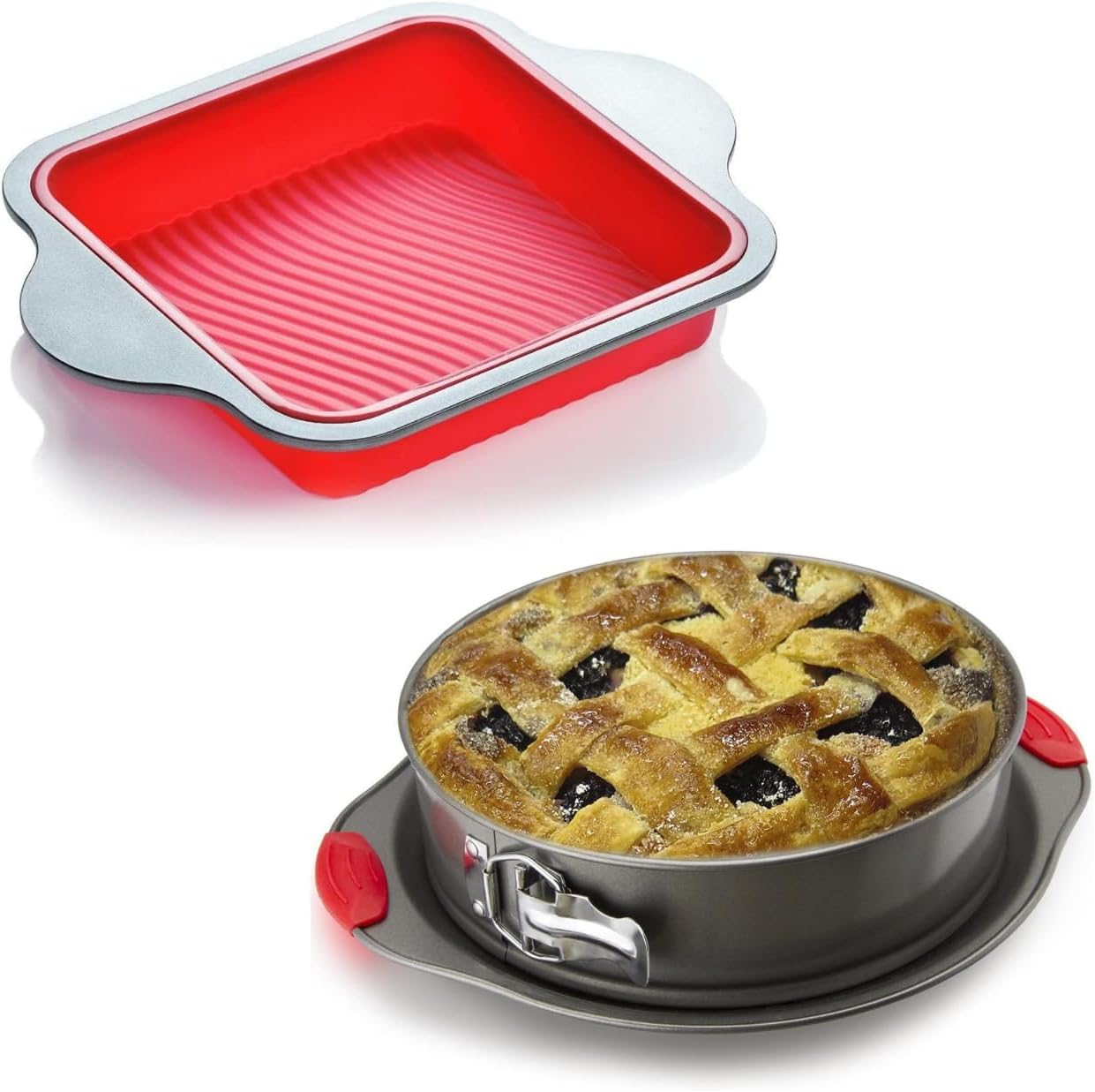 Boxiki Kitchen Deluxe Baking Set: 8x8 Non-Stick Silicone Square Cake & Brownie Pan with Steel Frame + 10 Inch Nonstick Springform Cheesecake Pan with Silicone Handles - Oven, Freezer & Dishwasher Safe