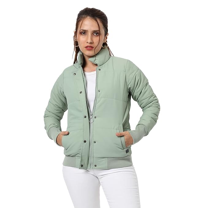 Campus Sutra Women's Pink Puffer Regular Fit Bomber Jacket For Winter Wear | Standing Collar | Full Sleeve | Buttoned | Casual Jacket For Woman &amp; Girl | Western Stylish Jacket For Women