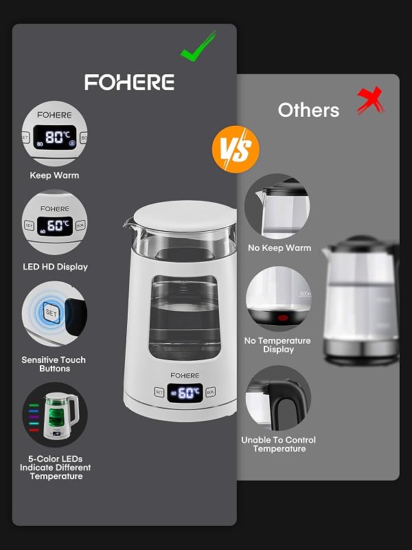 FOHERE Elektromos Vízforraló Hőmérséklet Szabályozással - 1,7L Üveg Teafőző, Melegen Tartó Funkcióval, 2200W Gyors Forralás, 5 Színű LED