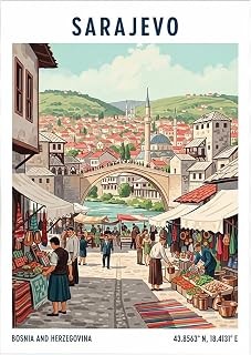 Sarajevo Travel Poster Vintage Bosnian City Wall Art Print Retro Decor for Living Room or Office - Unique Illustration