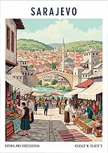 Sarajevo Travel Poster Vintage Bosnian City Wall Art Print Retro Decor for Living Room or Office - Unique Illustration