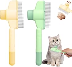 Cat Comb | 2 Pack Self-Cleaning Pet Hair Brush, Anti-Flea Comb for Cats with Release Button, Grooming Brush for Long and Short Hair (Green + Yellow)