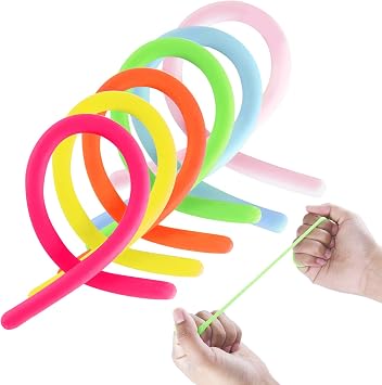 Super Z Outlet Stretchy Jelly String Noodles Thin Rubber Fidget Sensory Toys Set 9.5" to 5 Feet Calming Relaxing Children Birthday Party Favors and Prizes 12 Pack