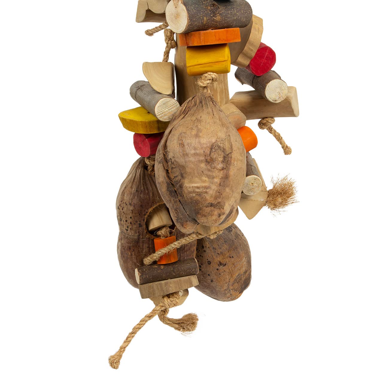 HappyBird | Riesen-Holz-Kokusnuss Vogelspielzeug | Gigant Coco Foraging | 100 x 30 x 32 cm | Shredder-Spielzeug für Papageien
