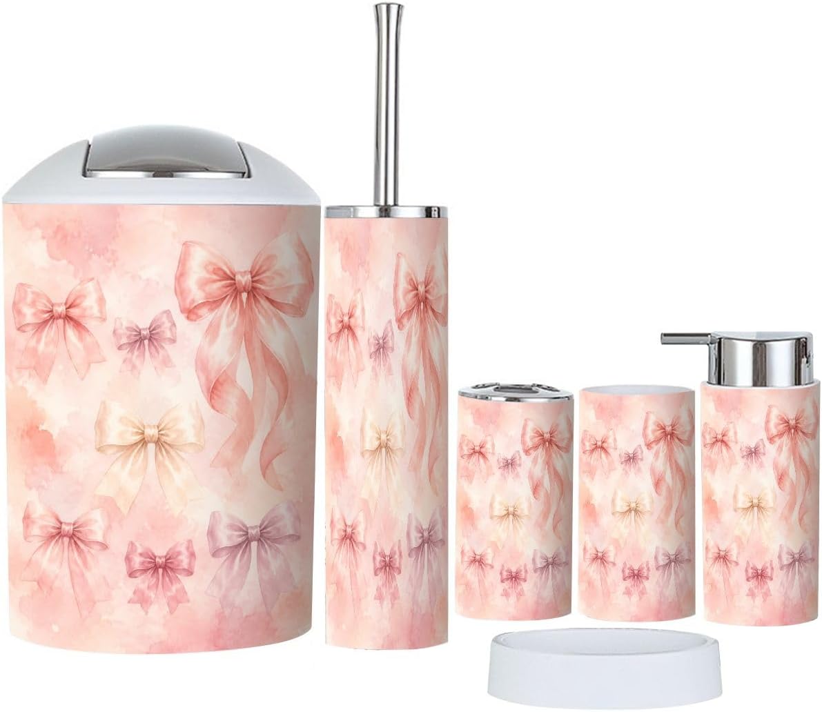 Bathroom Accessories Set 6 Pcs Watercolor Pink Bows Collection Soft Gradient Elegant Ribbon Set Toothbrush Holder Cup Soap Dispenser Soap Dish Toilet Brush Holder Trash Can for Countertop Decor
