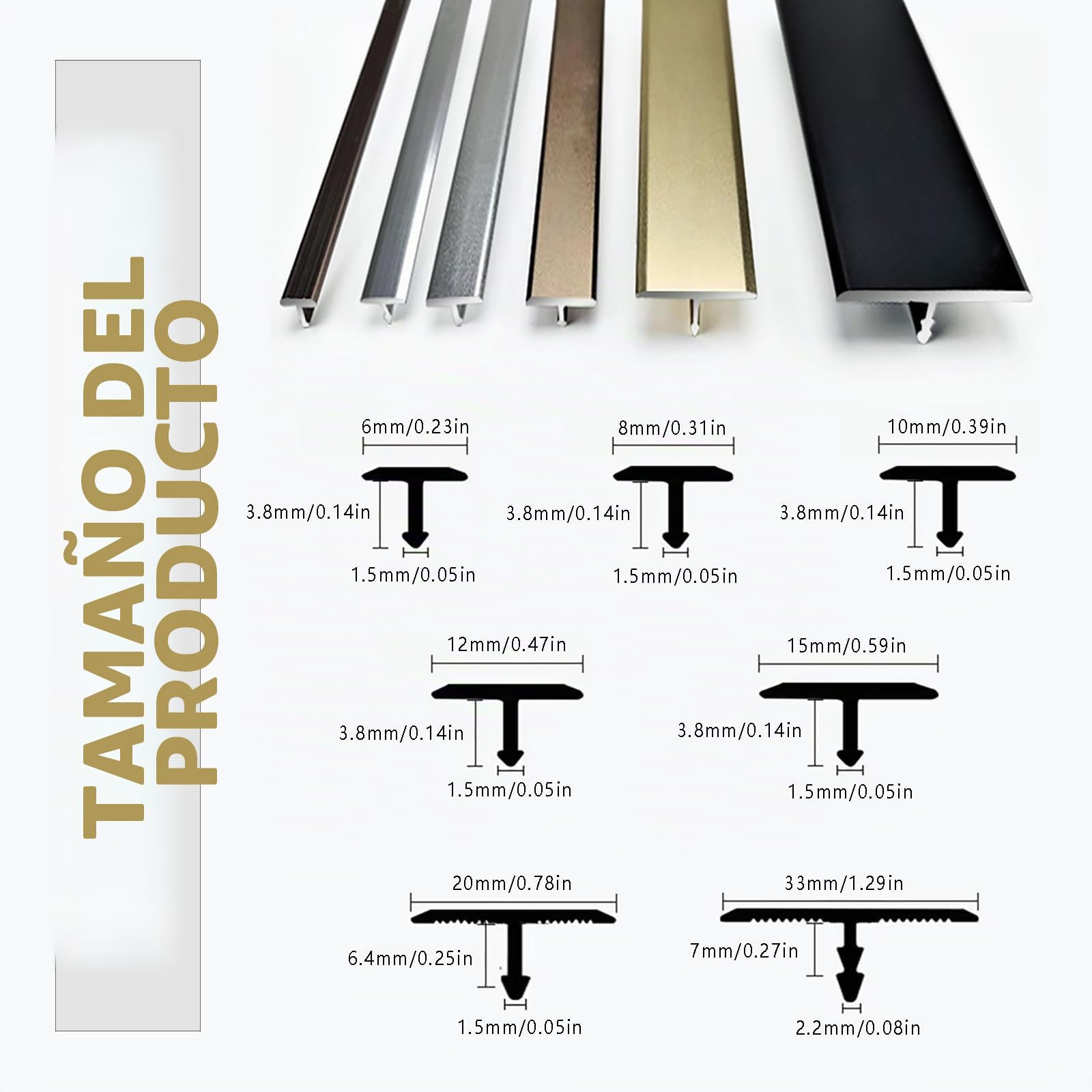 3 Piezas De Tira De Transición Para Piso De Madera, Perfil En T De 90cm, Ángulo Ajustable, Kit De Moldura Para Borde De Puertas Y Suelos, Fácil Instalación, Perfil De Aluminio(Gold,Breite 6mm)