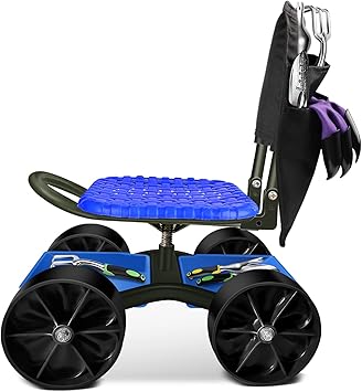i Cover Garden Cart Rolling Stool with Four Wheels and Tool Bag, Stable Workseat Sturdy Carts Adjustable Seat Height and Direction, Gardening Helper, Blue